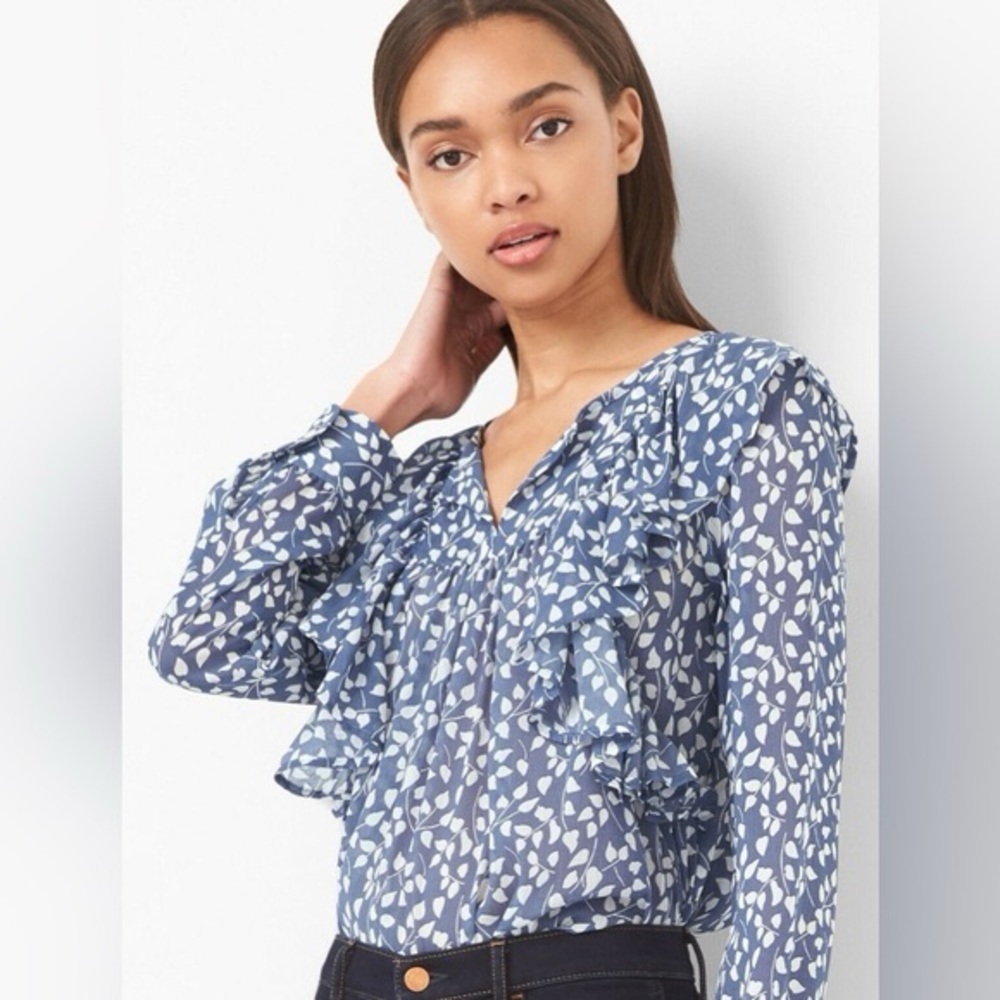 GAP Blue Printed Ruffle V-Neck Blouse